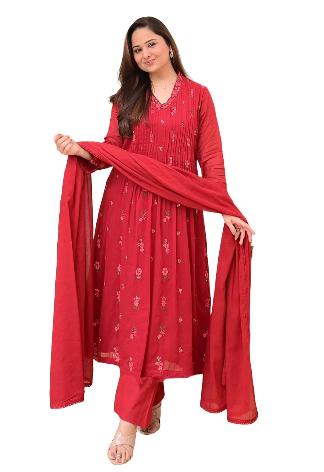 KLOSIA Women Embroidery Solid Anarkali Kurta and Pant Set with Dupatta|Silk|Regular Fit