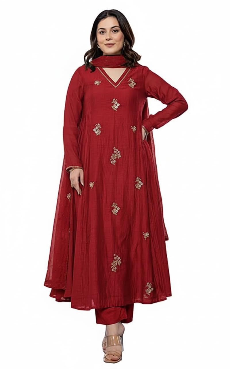 KLOSIA Women Embroidery Solid Anarkali Kurta and Pant Set with Dupatta