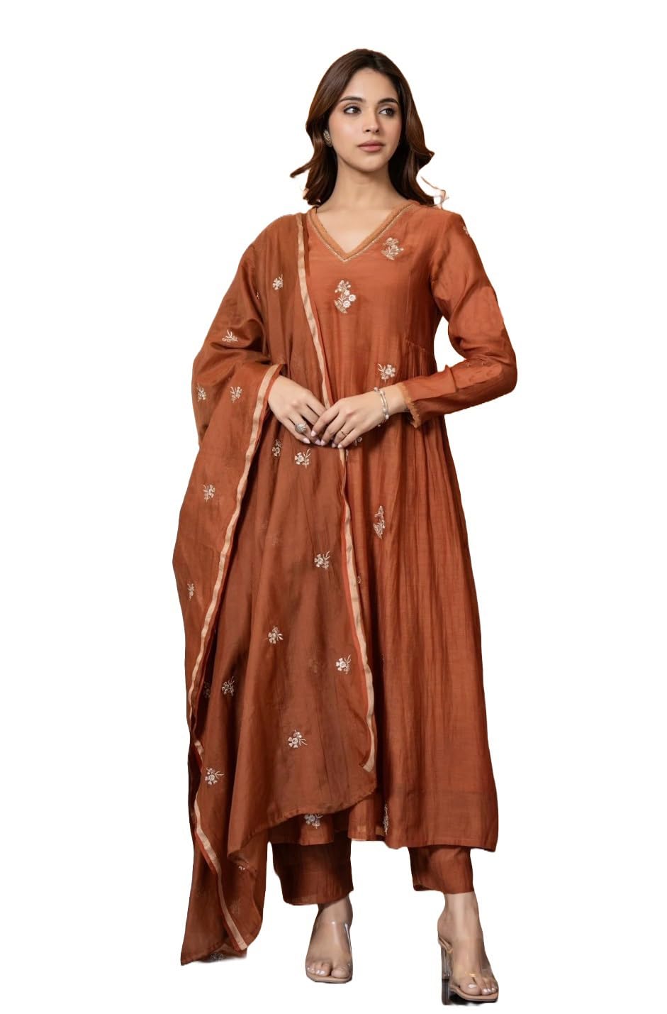 KLOSIA Women Embroidery Solid Anarkali Kurta and Pant Set with Dupatta