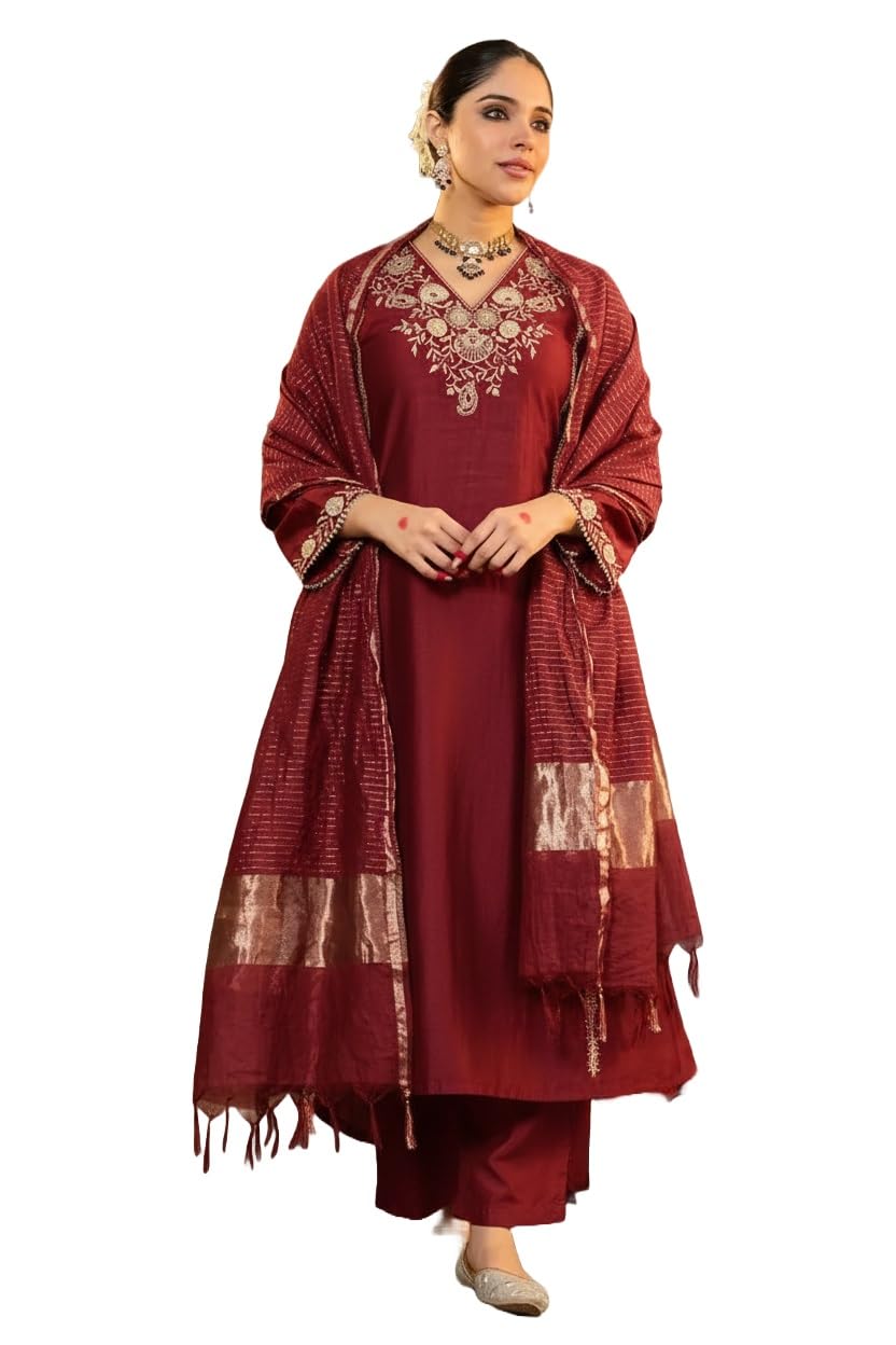 Klosia Women Embroidery Solid Straight Kurta and Pant Set with Dupatta