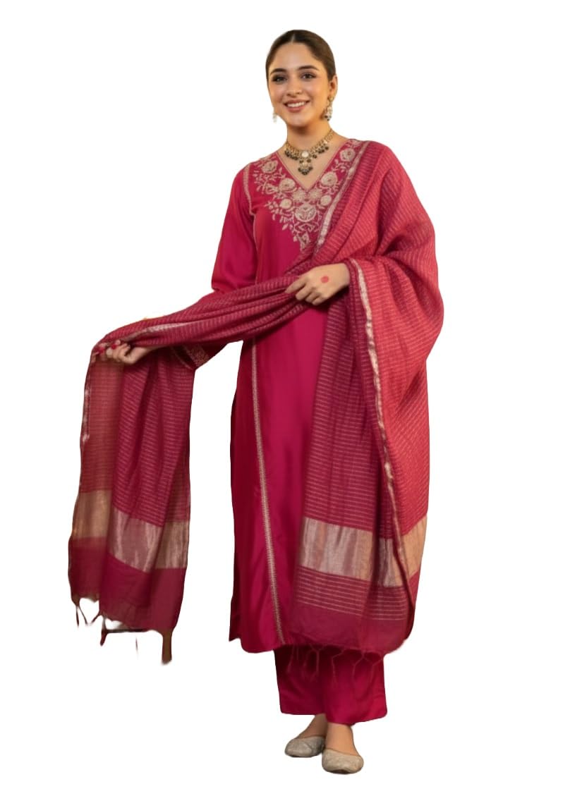 Klosia Women Embroidery Solid Straight Kurta and Pant Set with Dupatta