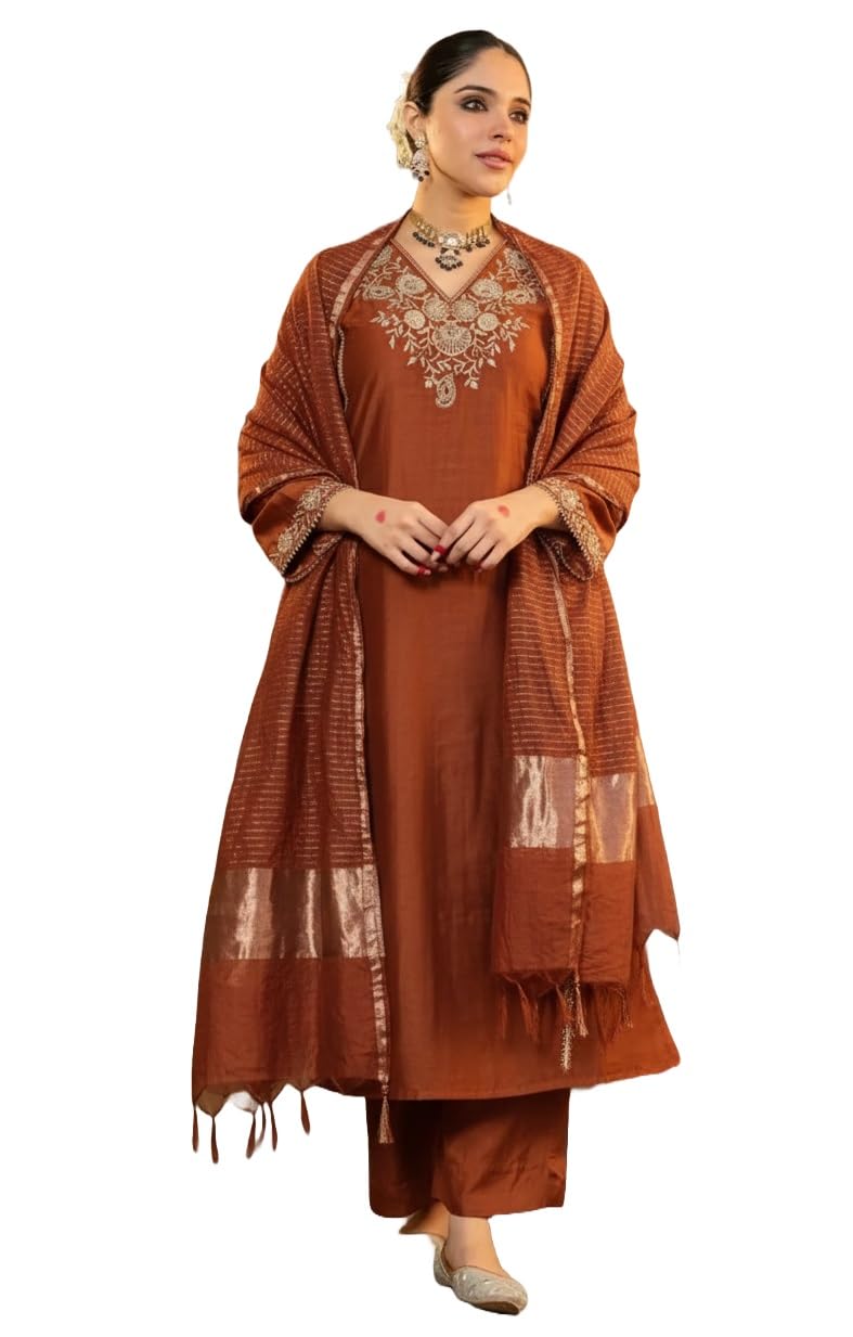 Klosia Women Embroidery Solid Straight Kurta and Pant Set with Dupatta