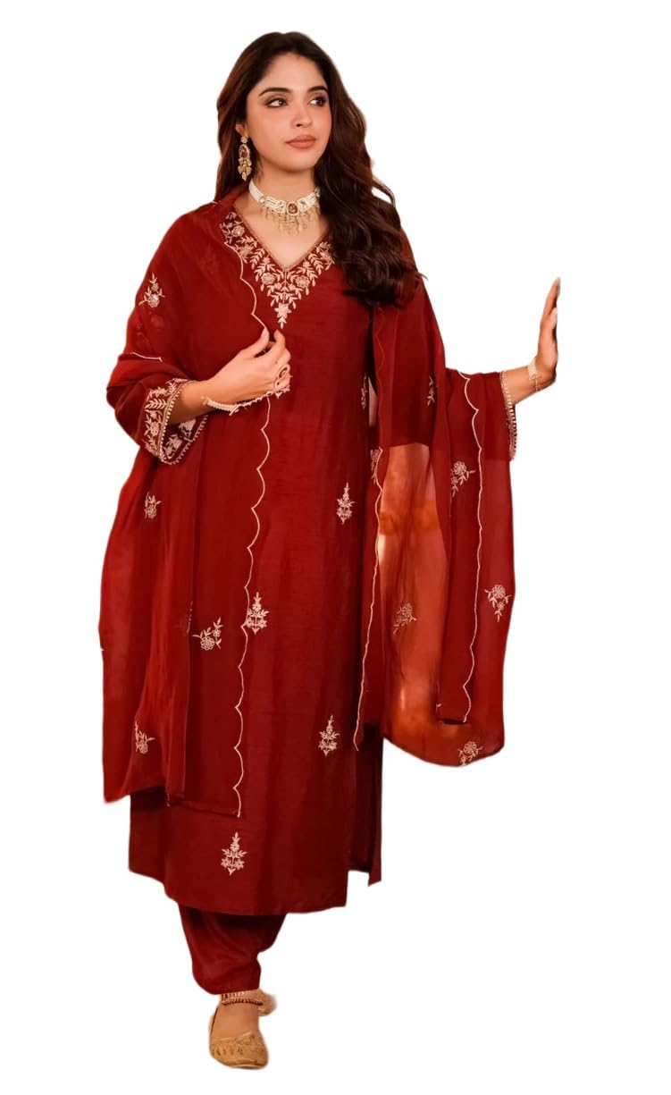 Klosia Women Embroidery Solid Straight Kurta and Pant Set with Dupatta