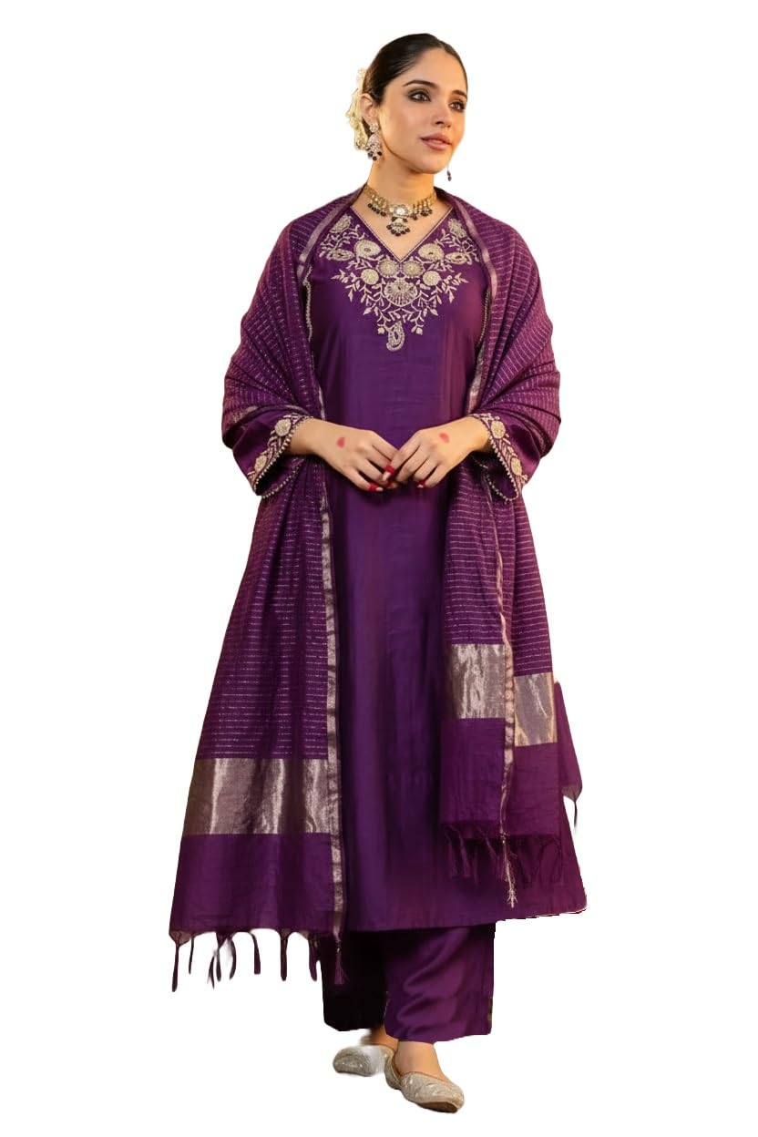 Klosia Women Embroidery Solid Straight Kurta and Pant Set with Dupatta