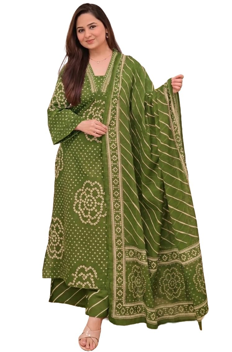 Klosia Women Pure Cotton Kurta Pant Set with Dupatta | Bandhani Print Kurta Sets for Women | Comfortable Suit Sets|Regular Fit
