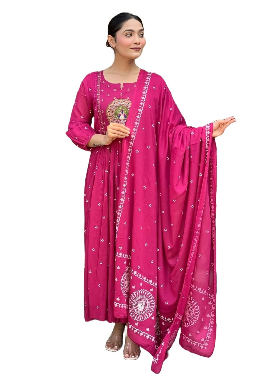 KLOSIA Women Rayon Printed Anarkali Kurta Set with Dupatta
